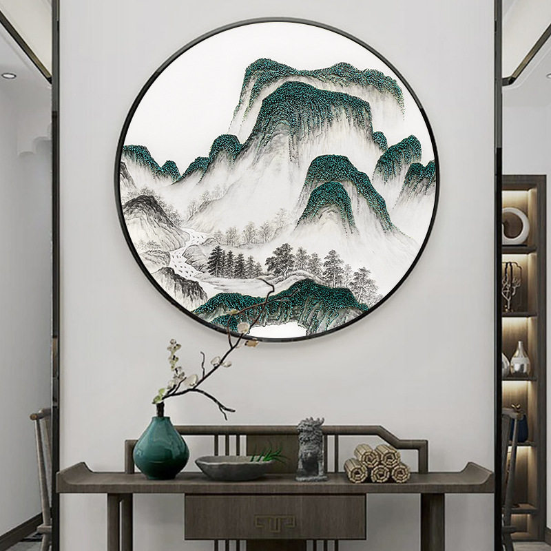 入户玄关山水钉子画新中式客厅装饰画样板间实物挂画立体圆形壁画