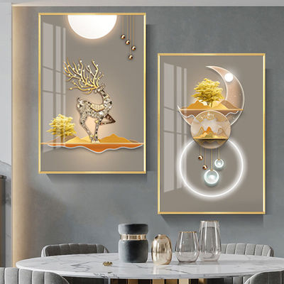 福鹿图双联餐厅装饰画创意山水挂画现代简约饭厅背景墙好寓意壁画