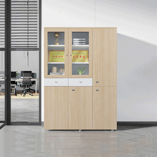 办公室木质文件柜三门带抽屉密码锁档案柜资料柜储物柜收纳柜玻璃