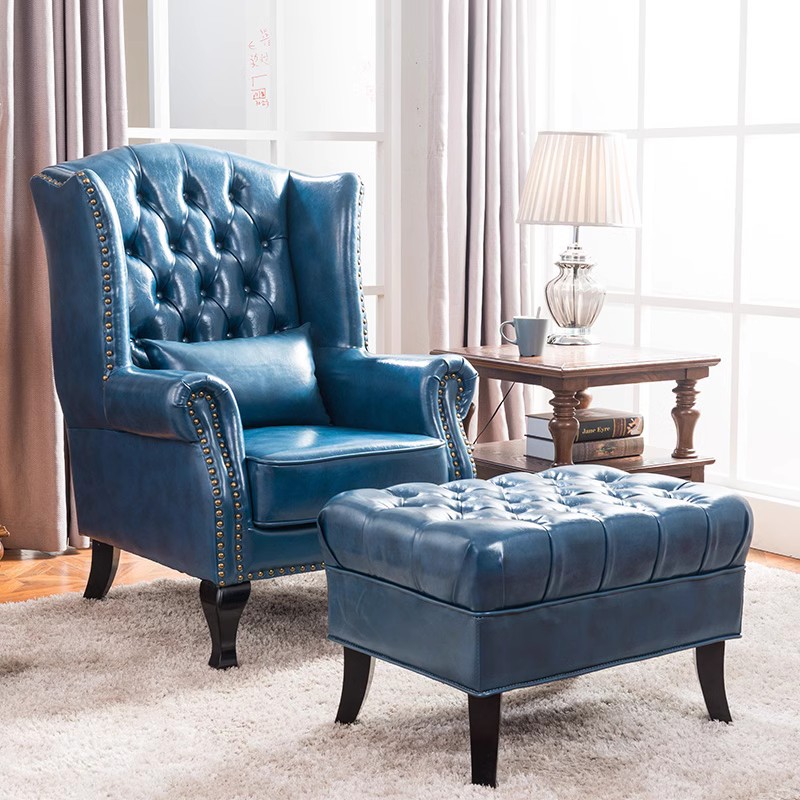 复古拉扣皮美式老虎椅单人沙发椅卧室客厅休闲阳台懒人沙发凳