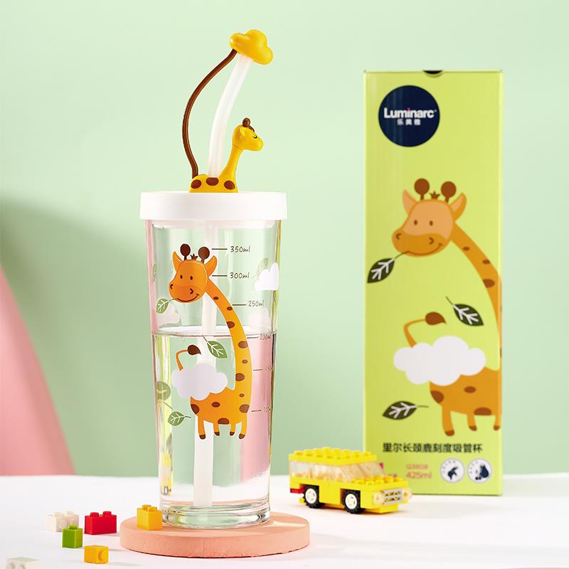 乐美雅网红ins卡通水杯有盖刻度吸管杯儿童用大容量玻璃杯425ml