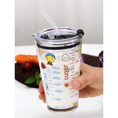 大容量玻璃水杯带盖喝水杯子家用牛奶杯刻度玻璃杯耐高温吸管茶杯