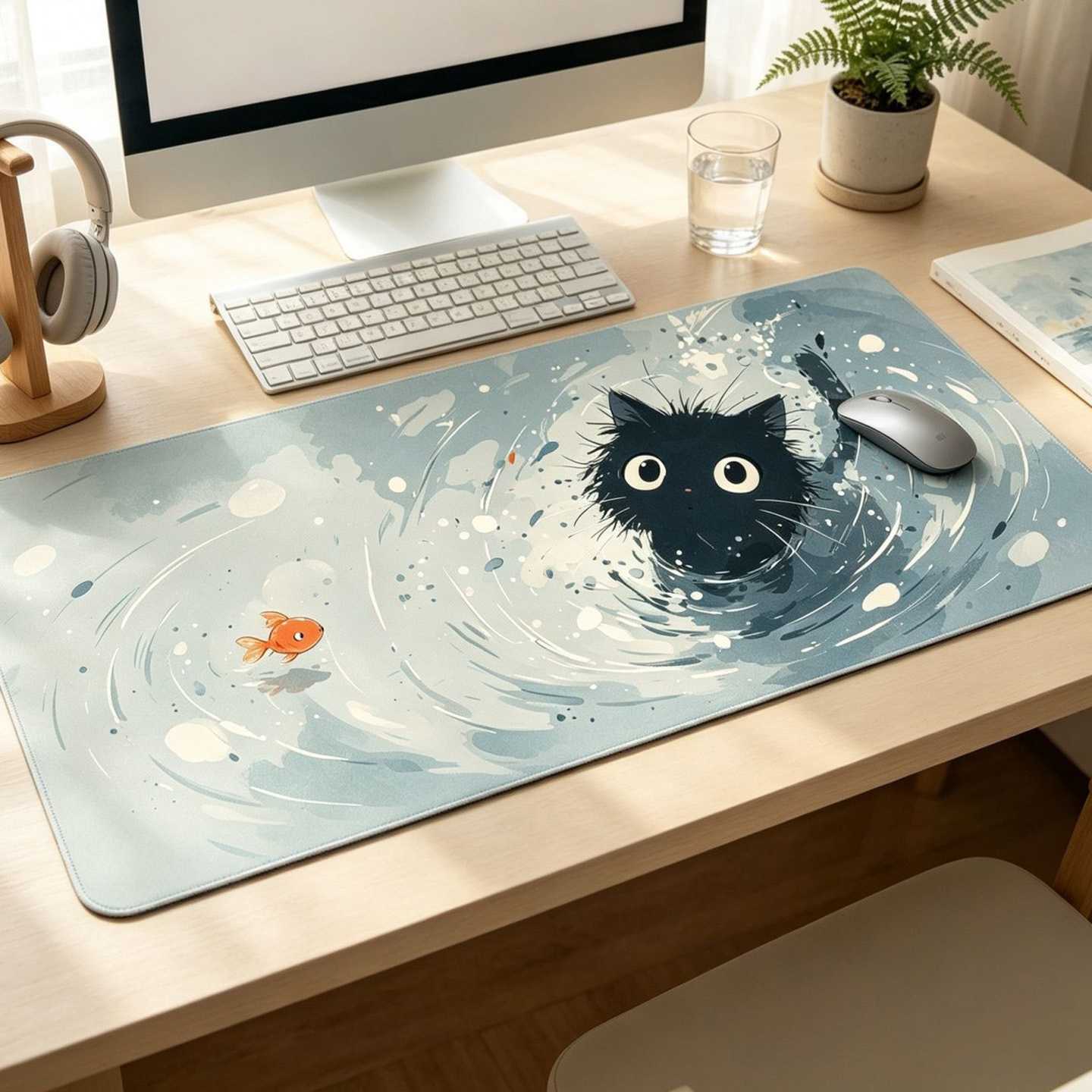 水墨小黑猫金鱼桌面垫ins治愈鼠标垫加厚锁边防水耐磨办公键盘垫