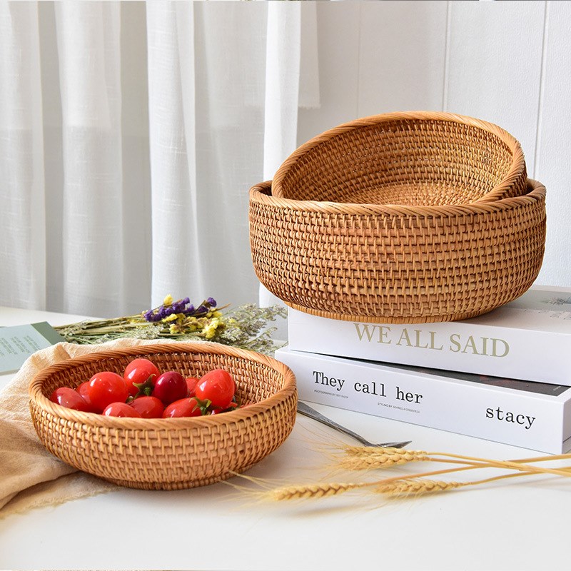 XXP4越南手工藤编竹编收纳筐托盘客厅水果篮盘草编织筐家用馒头筐