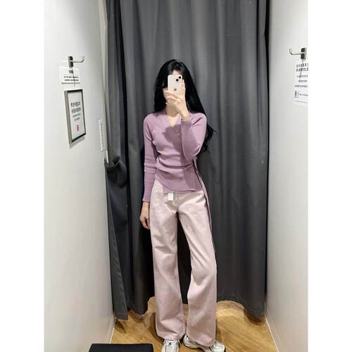 牛仔裤女春季梨形身材设计感小个子阔腿裤子直筒显瘦粉色高腰宽松
