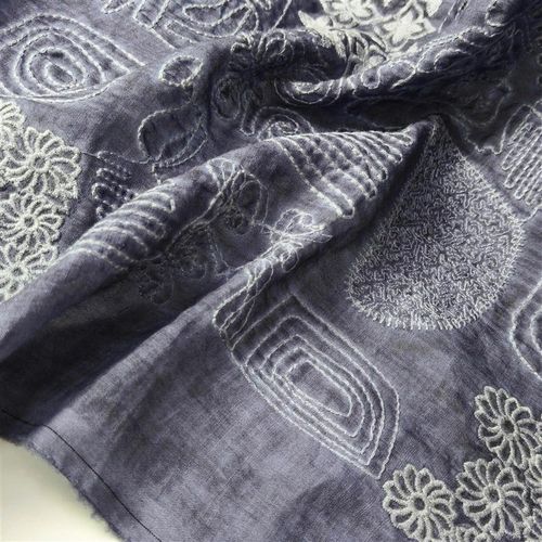42支纯苎麻刺绣 p蓝色提花布料旗袍汉服面料新中式服装面料