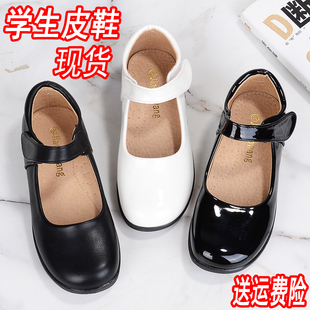 女童黑色小皮鞋学生合唱表演出花童鞋魔术贴圆头包鞋儿童白色皮鞋