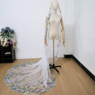 外贸彩色蕾丝头纱不带粉色多花版多尺寸领证登记求婚新娘头饰