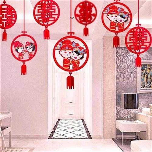 结婚婚房装饰喜字挂件喜字拉花立体印花走廊挂饰无纺布婚礼挂件。