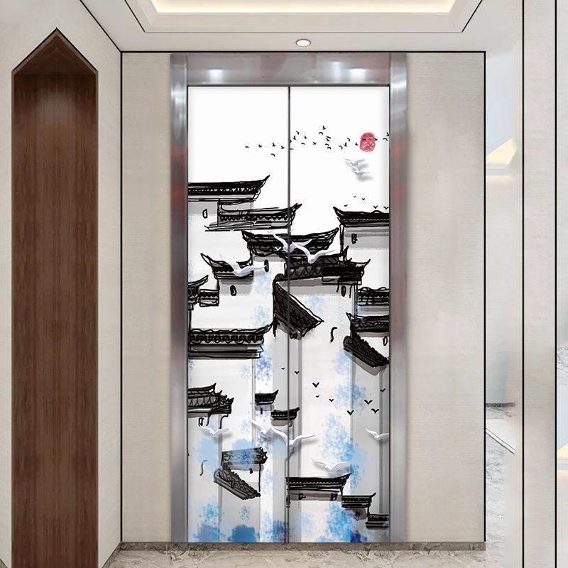 【加厚】自粘新中式电梯门贴纸玄关装饰画电梯门贴现代新中式抽象图片