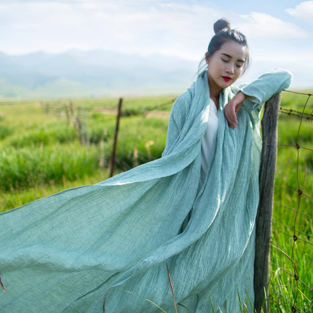 忆旧棉麻记新款长袖修身披风皱褶亚麻大衣复古文艺风衣外套女秋