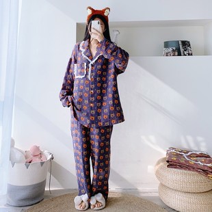 胖mOm200斤宽松家居服 纯棉双层纱布花边开衫 睡衣女长袖 长裤 加大码