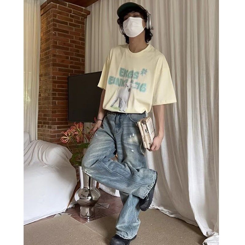 水洗磨破怀旧牛仔裤男2025夏宽松休闲直筒美式复古小众阔腿破洞裤