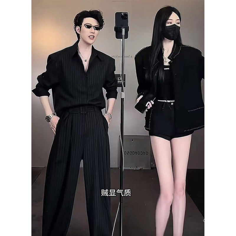 胖子日系秋季潮流复古高级感竖纹衬衫腰带宽松直筒长裤时尚套装男