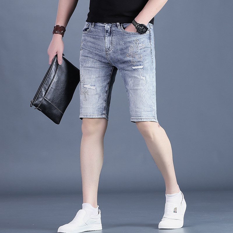 牛仔短裤男士五分裤潮牌刺绣花中裤2024夏季高端男装5分男裤子薄