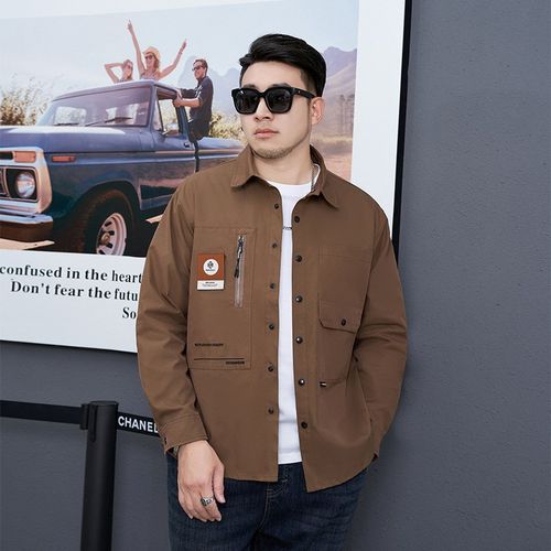 胖子工装外套男大码长袖衬衫领夹克加肥加大男装上衣秋季薄款衬衣