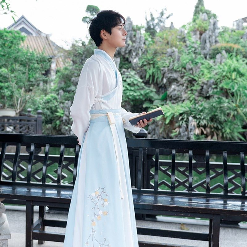 正品汉服男蓝色系成人学生古装男孩子表演服系腰交领中国风大尺码