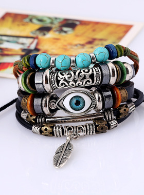 土耳其蓝眼睛 Evil Eye 恶魔之眼 串珠多层手链牛皮羽毛挂件手串