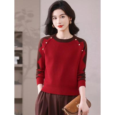 秋冬拼色毛衣女2025新款提花宽松时尚打底衫内搭小个子针织衫上衣