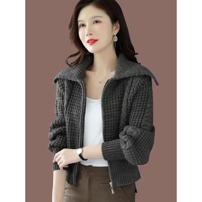 女士毛衣外套秋冬装2025新款短款加厚拉链羊毛针织开衫披肩