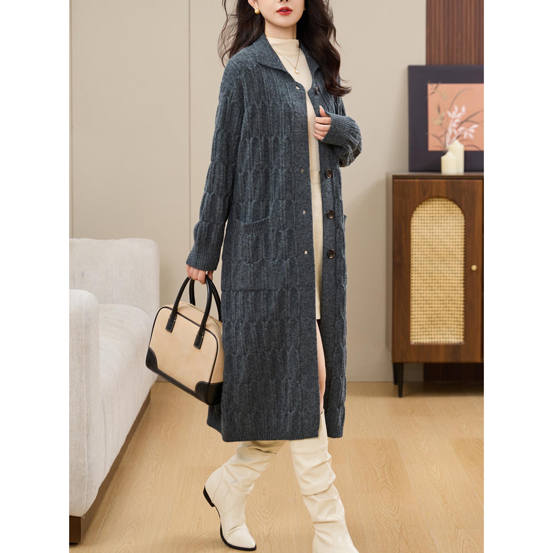 2025秋冬翻领粗线针织开衫女中长款秋装外搭高级感慵懒风毛衣外套
