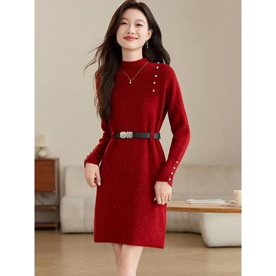 红色毛衣裙中长款高级感配大衣连衣裙2025新款女秋冬针织打底衫裙