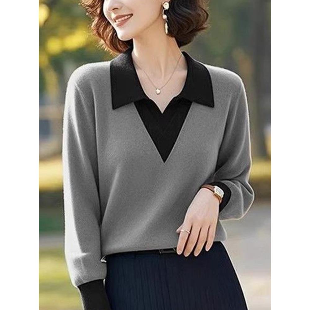 灰色polo领针织毛衣女装2025年秋季新款今年流行爆款独特别致上衣