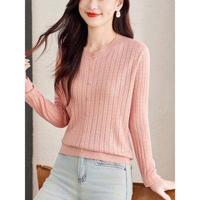 设计感上衣女2025新款爆款圆领坑条时尚针织打底衫女薄款羊毛衫