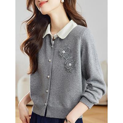 法式小香风外套女春秋2025新款衬衫领拼接针织开衫小个子短款上衣