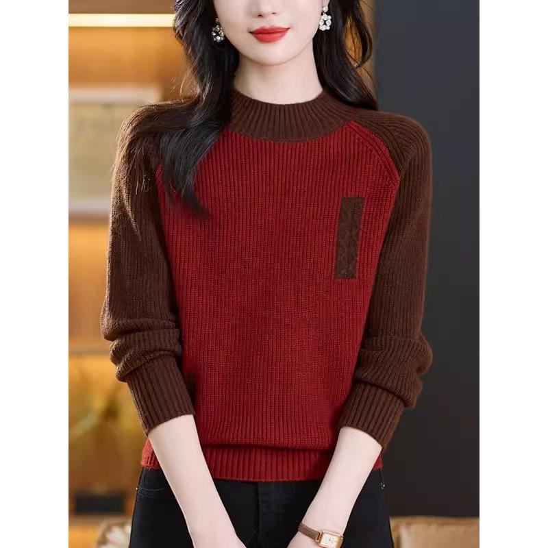 秋冬半高领毛衣女士短款2025新款内搭加厚拼色针织打底衫冬季上衣