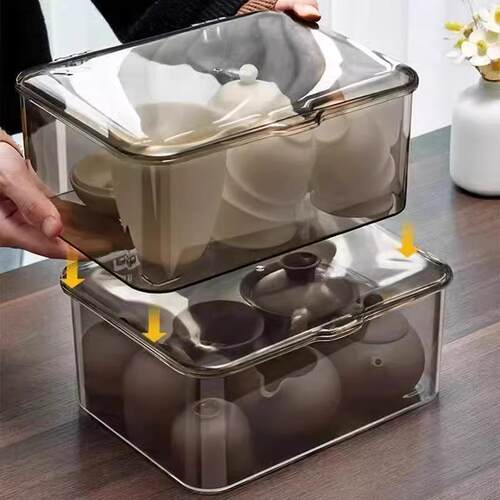 Dust-proof tea set storage box with lid, transparent design