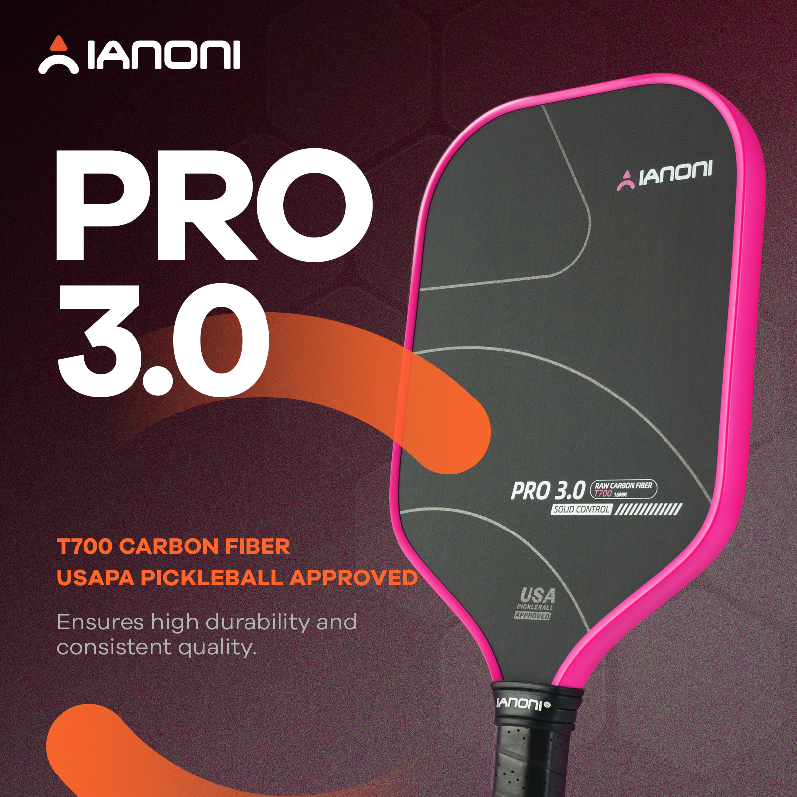IANONI PRO 3.0 匹克球T700碳纤维球拍PP蜂窝中长把手耐用球拍