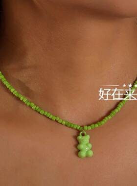 Hip hop Bear candy colored handmade rice bead necklace girl