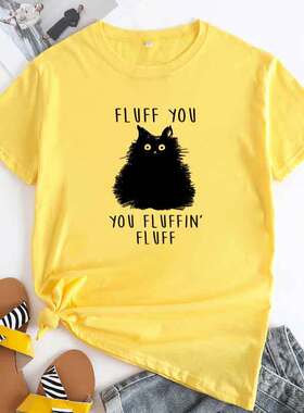 women Cotton print tshirt女大码宽松休闲猫字母印花纯棉短袖T恤