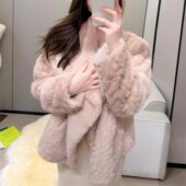 柔雾高级感粉色仿兔毛皮毛一体女2025冬短款 千金感翻领厚毛毛外套
