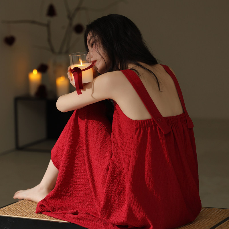 双节皱布睡裙女士夏季本命年大红色薄款夏天吊带中长款睡衣家居服