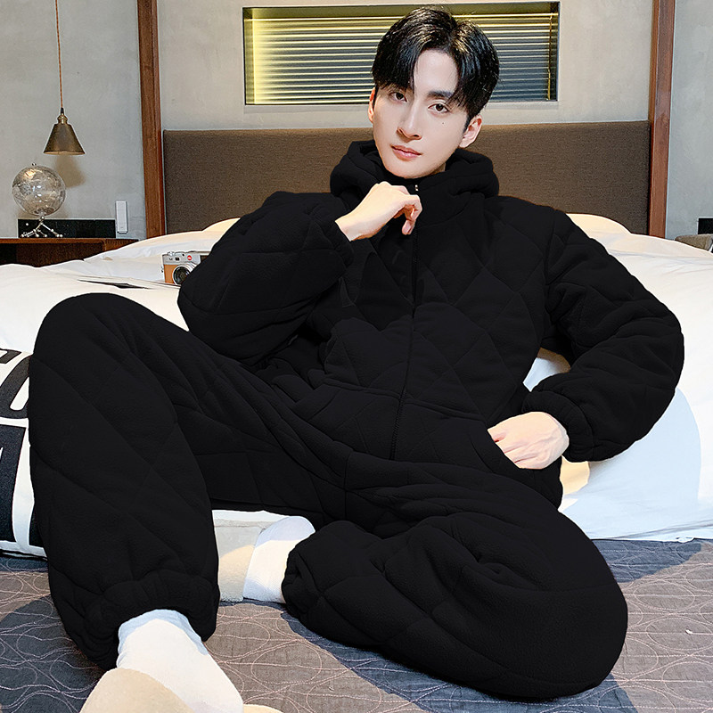 男士睡衣冬季三层加厚夹棉袄珊瑚绒加绒冬款天纯色男款家居服套装