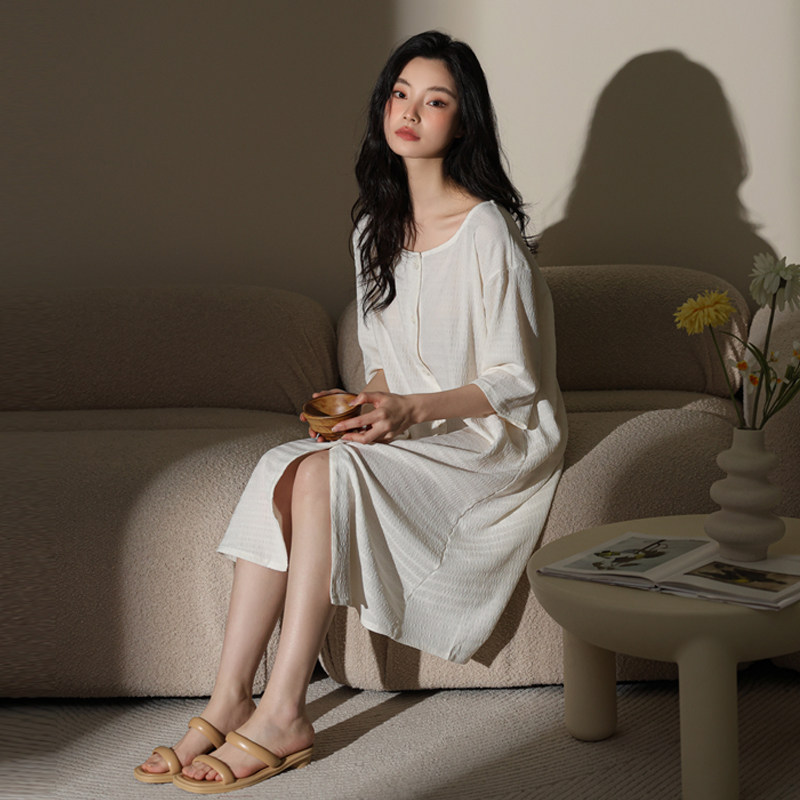 月亮皱布睡裙女士夏季中袖开衫睡衣薄款2025新款夏天中长款连衣裙