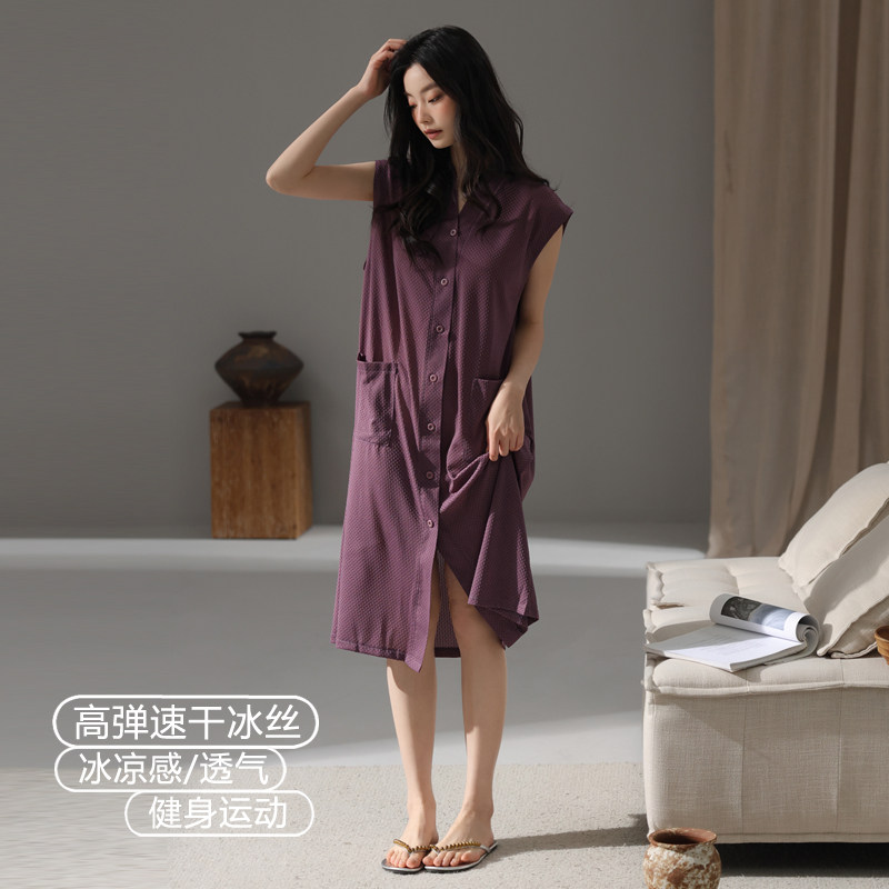 速干高弹冰丝睡裙女士夏季无袖开衫睡衣冰凉感莫代尔透气连衣裙女
