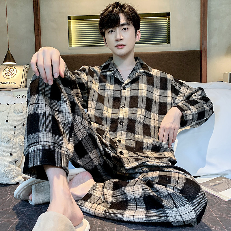 睡衣男士春季纯棉长袖简约休闲格子春秋款大码家居服冬套装可外穿