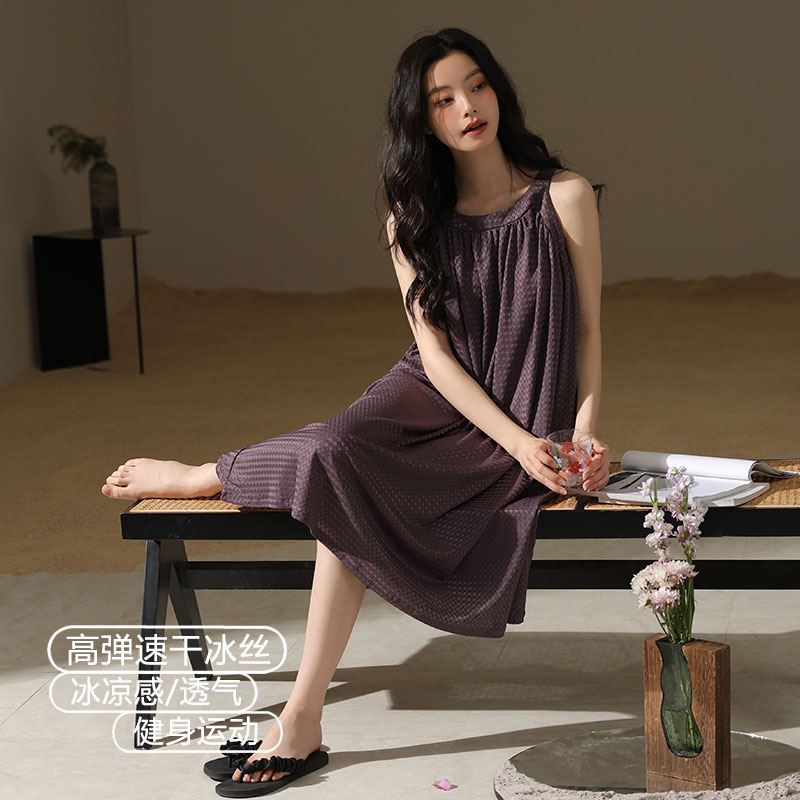 速干高弹冰丝睡裙女士夏季吊带无袖冰凉感莫代尔大码睡衣家居服夏