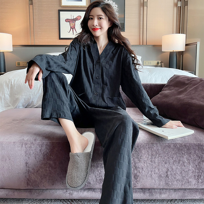 睡衣女春秋款纯棉长袖秋季开衫休闲常规家居服套装可外穿2024秋冬