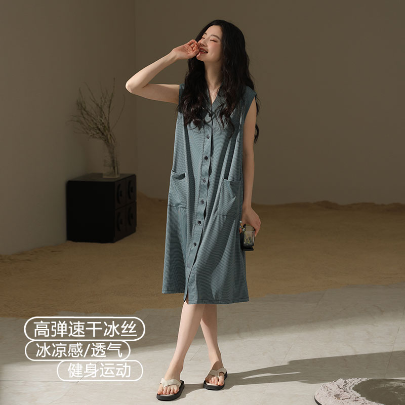 速干高弹冰丝睡裙女夏季无袖轻熟女睡衣凉感莫代尔透气开衫连衣裙