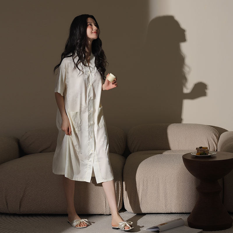 冰丝睡裙女士夏季凉感短袖开衫睡衣中长款薄款休闲仿真丝绸家居服