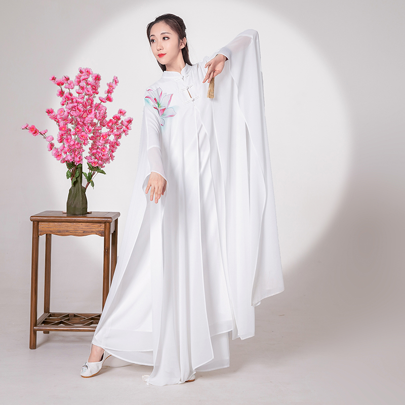 禅舞服仙气女装中式中国风立领旗袍披风白色禅U意裙连衣裙茶服