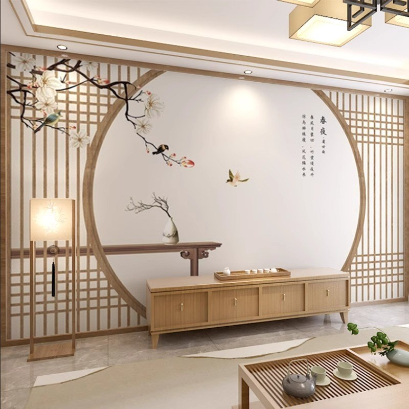 新中式古典客厅装饰壁布木格栅花鸟D电视背景墙纸沙发书房茶室壁