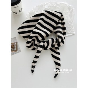 小众春秋a保暖小围巾时髦针织条纹头巾女百搭领巾三角巾搭肩护颈