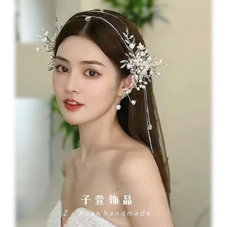 仙美发链花朵水晶镶钻婚纱韩式披发造型流苏边夹新娘头饰白纱饰品