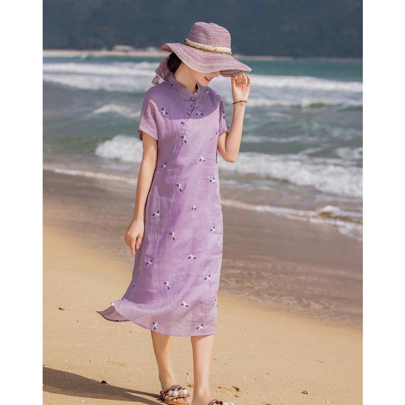 紫色高级感苎麻刺绣连衣裙夏季年轻款妈妈气质复古新中式改良旗袍