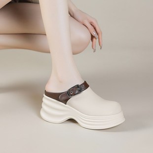 真皮包头厚d底半拖鞋女夏外穿2025新款时尚皮带扣轻便一脚蹬懒人